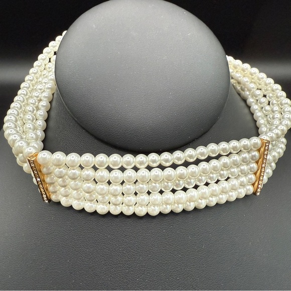 Multi-Strand Faux Pearl Choker with Rhinestone Accents - Wedding Necklace - Picture 11 of 15